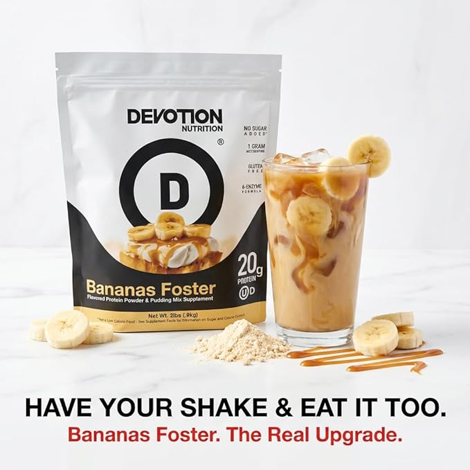 Devotion Nutrition Protein Powder Bananas Foster – 20g Whey Isolate &amp Casein Protein Blend – No Added Sugar Low Carb Gluten-Free Keto-Friendly 1g MCT Kosher – 2lb Pouch