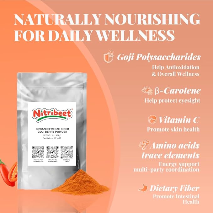 Organic Goji Berry Powder 1lb -100% Freeze Dried Goji Berry Juice No added Sugar SuperFood - Supports liver health antioxidation - USDA Organic No additives Non-GMO Gluten free