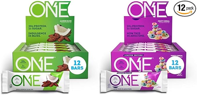 ONE Protein Bars Gluten Free Almond Bliss &amp Fruity Cereal 20g Protein 1g Sugar Bars (12 Pack) Bundle