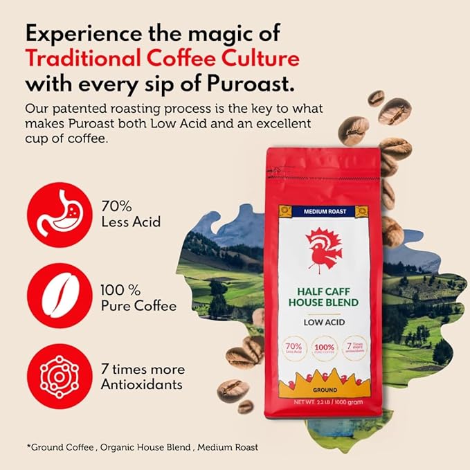 Puroast Low Acid Coffee Half Caff | Half Caff House Blend Ground | Medium Roast | High Antioxidants &amp High pH |No Bitter Aftertaste | Reduced Heartburn &amp GERD | Suitable for Cold Brew - 2.2 LB