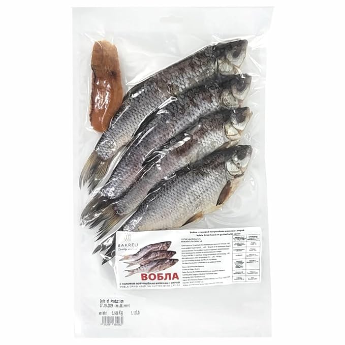 Bakreu Dried Salted Vobla Caspian Roach Fish Whole 3 Whole Fish in a Bag up to 500g Gutted with Caviar Dried Fish Jerky