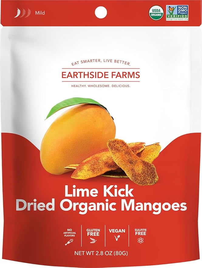 Earthside Farms - Dried Organic Mango Variety Pack Original Citrus Splash Lime Kick and Peach Paradise Dried Organic Mangoes Gluten Free No Added Sugar Non GMO Organic Vegan No Preservatives