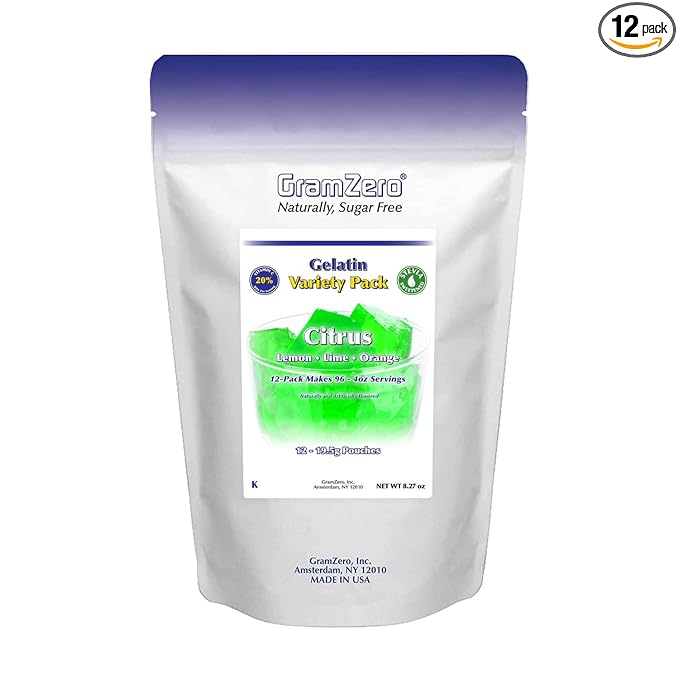 GramZero Citrus Variety (Lemon Lime Orange) Sugar Free Gelatin Mix 12-Pack Zero Carb Dessert Stevia Sweetened