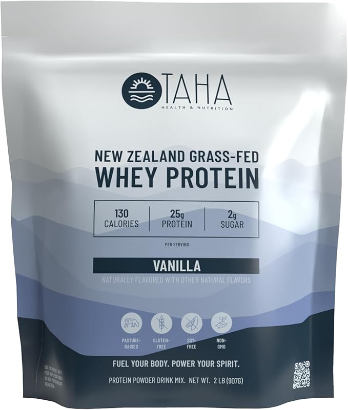 Taha Health &amp Nutrition Vanilla Flavored Whey Protein Concentrate Powder 25g Protein 140 Calories 2g Sugar | New Zealand Grass-Fed Free-Range Dairy | Gluten and Soy Free Keto Kosher | 2LB