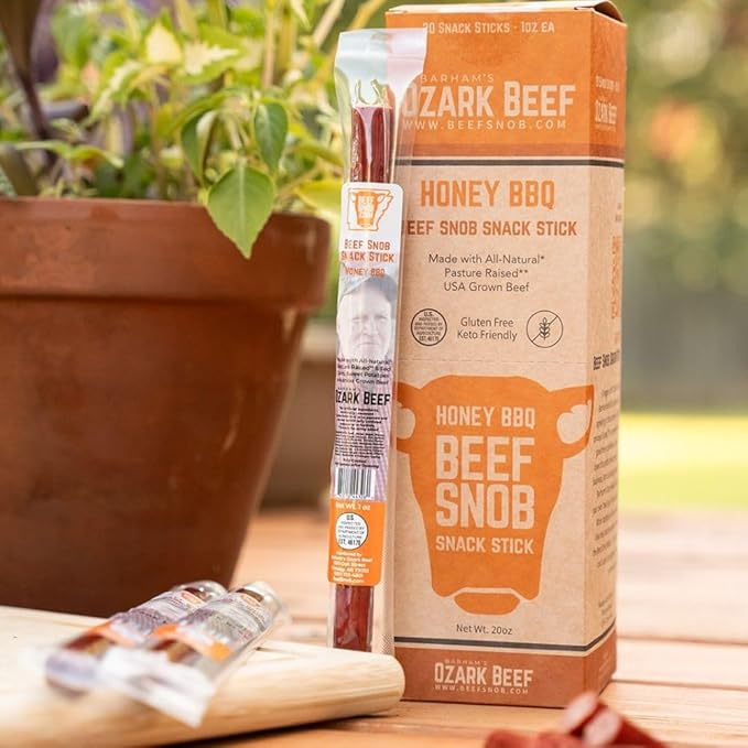 Beef Snob Snack Sticks - Honey BBQ Flavor - 1 Ounce Snack - 20 Meat Sticks Per Box - High Protein Snack Keto Friendly Gluten Free Jerky Sticks