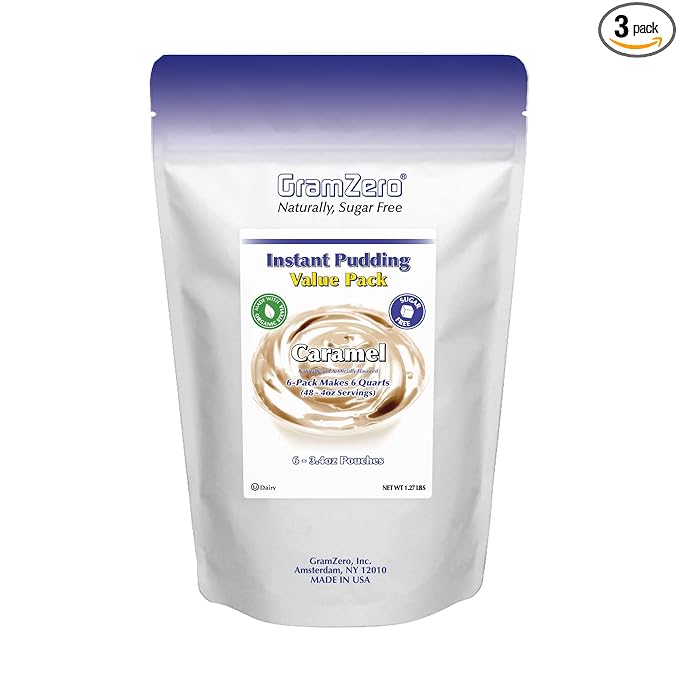 GramZero Caramel Sugar Free Pudding Mix 6-Pack Great For Nutrition Club Meal Replacement Shakes Low Calorie Dessert Stevia Sweetened