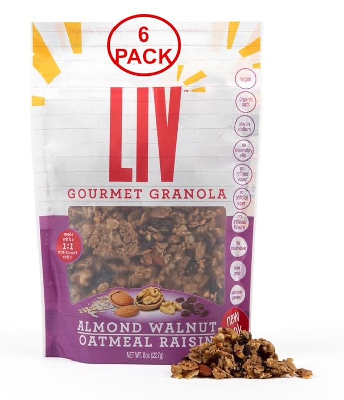 Liv Gourmet Oatmeal Raisin Granola - 8oz (Pack of 6) | Healthy Nutrient-Dense Snack Breakfast Cereal | 1:1 Nut-to-Oat Ratio | Non-GMO Low Sugar Vegan | Organic Oats No Artificial Ingredients No
