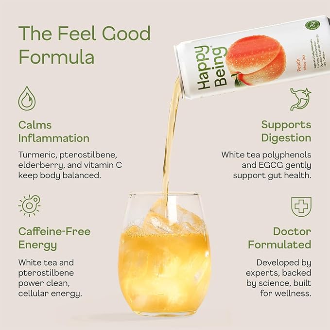 Happy Being Peach White Tea – Antioxidant &amp Polyphenol Rich Infused with Turmeric Elderberry Caffeine Free Plant-Based Low Sugar &amp Low Calorie Drinks 12oz (16 Pack)