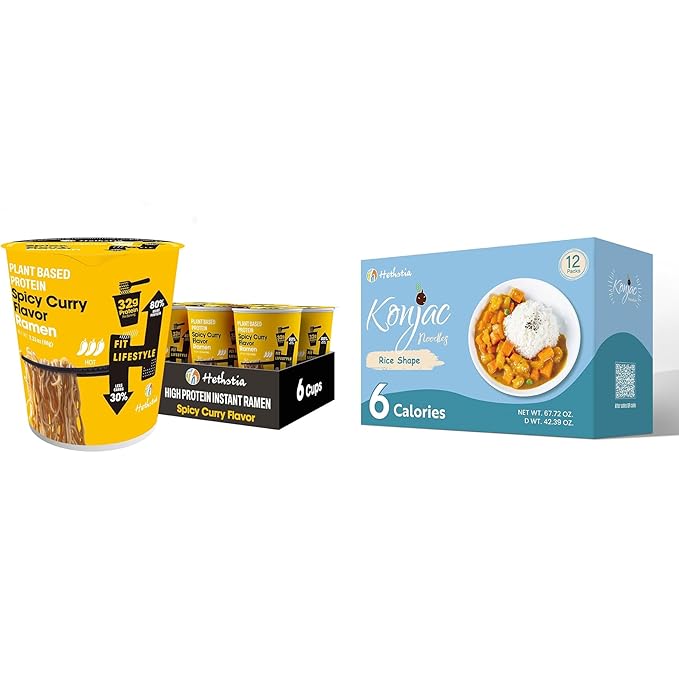 Hethstia High Protein Ramen Spicy Curry &amp Konjac Rice Bundle Plant-Based Vegan Meal Kit Low Carb Low Calorie Gluten-Free Ready-to-Eat Healthy Food Set