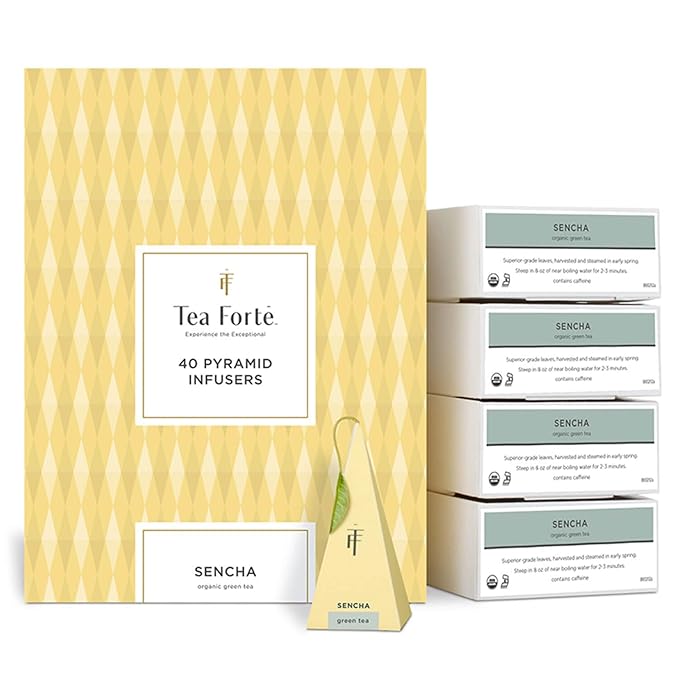 Tea Forte Sencha Premium Caffeinated Green Tea Blend Event Box Bulk Pack 40 Count 10 per tray Individually Wrapped Handcrafted Pyramid Infusers