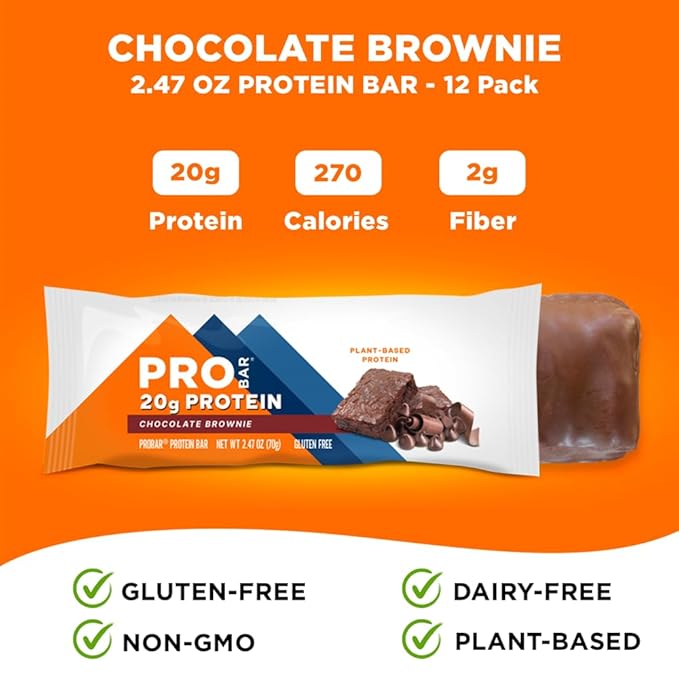 PROBAR - PROTEIN Bar Chocolate Brownie Non-GMO Gluten-Free Healthy Plant-Based Whole-Food Ingredients Natural Energy (12 Count)