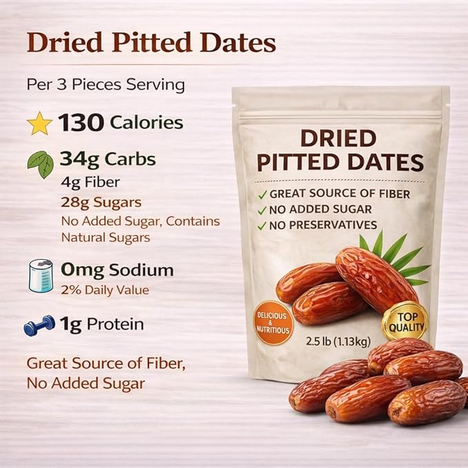 Dried Pitted Dates 2 lb Bag Naturally Sweet Snack No Added Sugar No Preservatives Sun-Dried High Fiber Healthy Fruit Snack Dates for Baking &amp Snacking