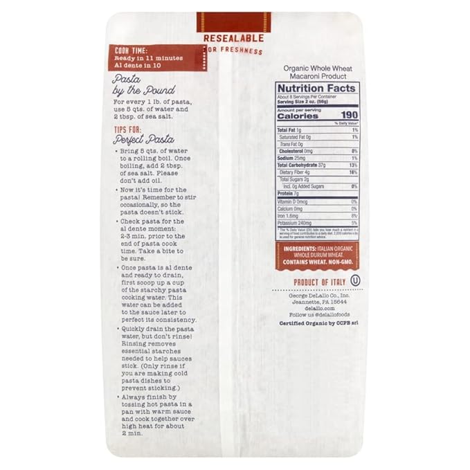 DeLallo Organic Whole Wheat Penne Rigate Pasta 1lb Box 16-Pack