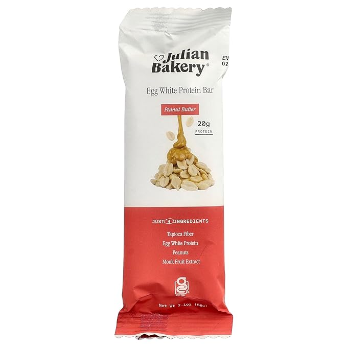 Julian Bakery Egg White Protein Bar—Peanut Butter 12 Bars 2.1oz (60 g) Each | 20g Protein | 17g Fiber | 1g Sugar