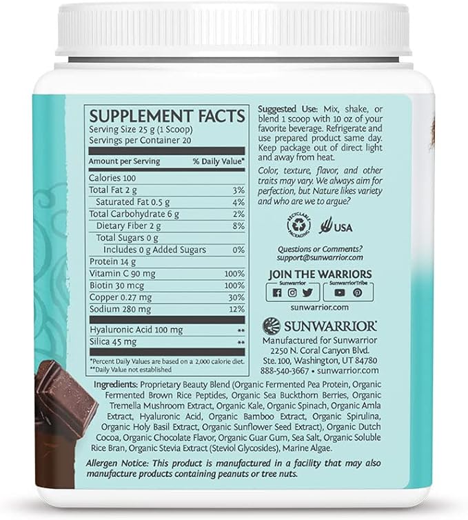 Sunwarrior Classic Vegan Protein Powder | Plant-Based 30 Servings Chocolate &amp Collagen Building Powder Hyaluronic Acid | 20 Servings Chocolate Flavored