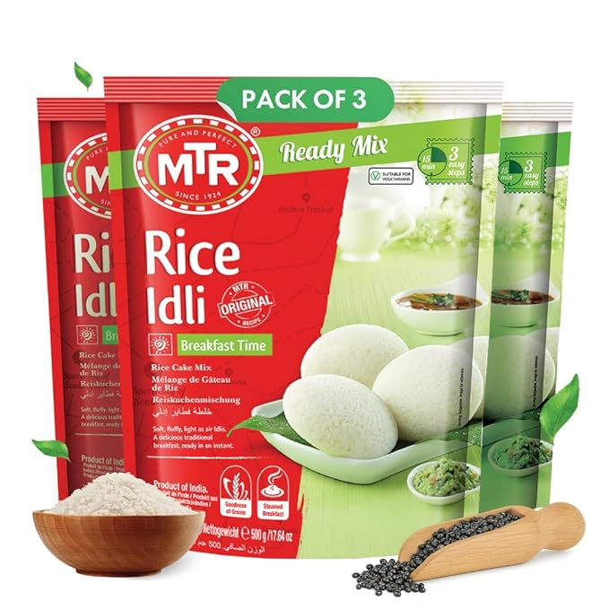 MTR Instant Rice Idli Mix - Ready to Cook Authentic Indian Breakfast Lunch Dinner or Snack Meal - No Added Preservatives - A Quick &amp Easy Recipe Suitable for Vegetarians - (500g Pack of 3)