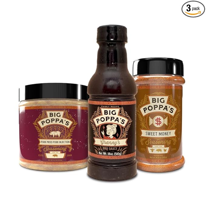 Big Poppa’s Pork BBQ Bundle Flavor System – Pork Injection Sweet Rub and Classic BBQ Sauce Kit for Ribs Pork Butt and Brisket – Balanced Pitmaster-Style Results for Home Smokers – 3-Pack Bundle