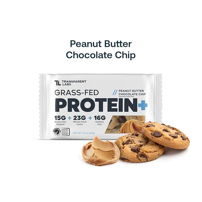 Transparent Labs Protein+ Bars - Whole-Food Protein Bars w/ 15g+ Grass-Fed Whey &amp Egg Whites Protein Natural Peanut &amp Almond Butter No Artificial Sweeteners - Peanut Butter Chocolate Chip 1