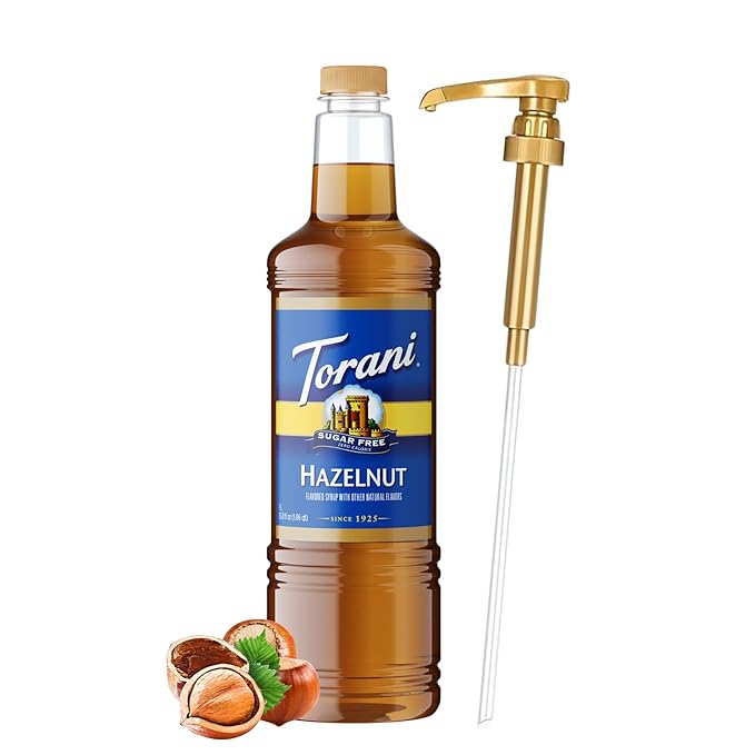 Torani Sugar Free Hazelnut Coffee Syrup 1 Liter Bottle with Pump Dispenser – Zero Calorie Flavored Syrup for Lattes Cold Brews Teas Smoothies &amp Desserts – Keto &amp Diabetic Friendly