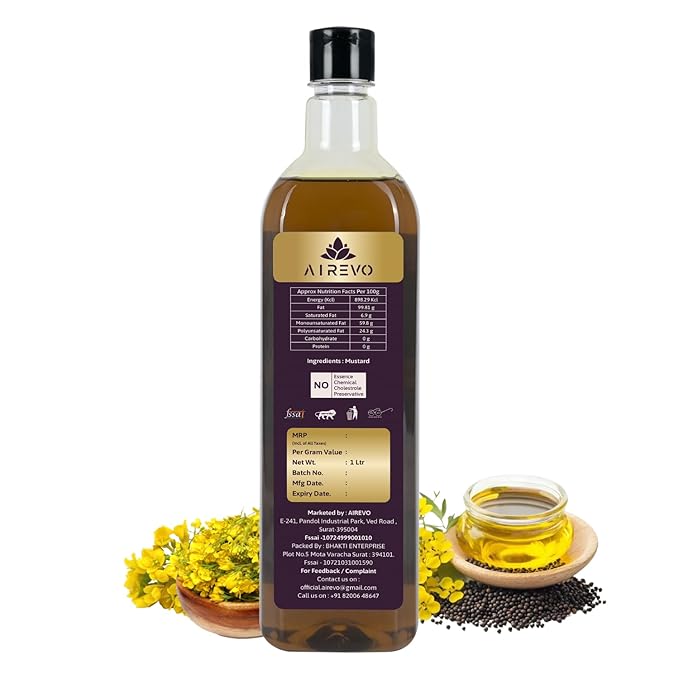 AIREVO Unrefined Wood Pressed Black Mustard Oil – Kolhu/Kacchi Ghani/Chekku/Marachekku Cold Pressed – Pure &amp Chemical-Free – Kachi Ghani Sarso Tel – Rich In Nutrients – (1000ML)