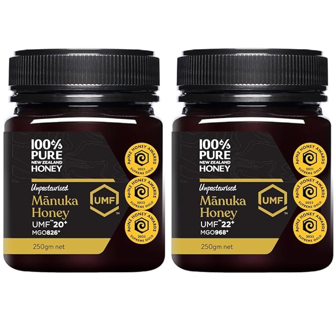 100% Pure New Zealand Manuka Honey UMF 20+ and 22+ Premium Grade Bundle 2 x 8.8 Oz