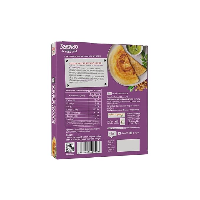 SAAPIDO Foxtail Millet Dosa Mix (Dosa Batter) Natural and Healthy Food Instant Millets Breakfast Mix- Rich in Protein &amp High Fiber (1.1 lbs)