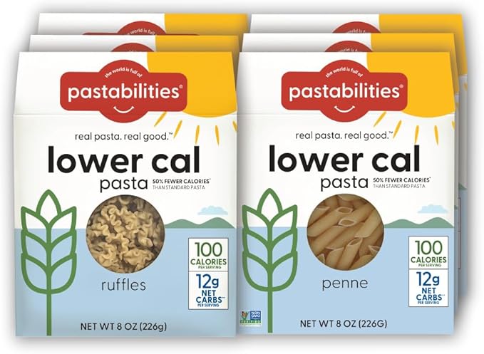 Pastabilities Lower Calorie Pasta Variety Pack (Penne &amp Ruffles) – 100 Calories/Serving 12g Net Carbs &amp High Fiber – Delicious &amp Nutritious Alternative to Traditional Pasta (8 Ounce 6