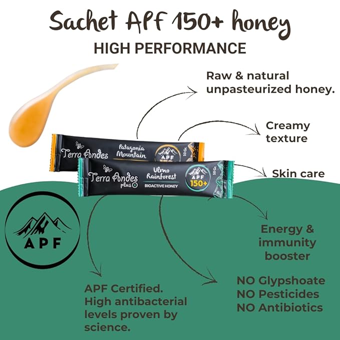 Organic Raw Honey Sachets 24 units by Terra Andes Plus - Ideal for Travel Sports Superfood Snacks and On-the-Go Daily Wellness - Ulmo Rainforest / Patagonia Mountain APF 150 - raw honey organic unfi