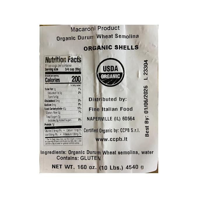 Mantova Organic Shells Pasta 160 oz. (10 lbs.) (Pack of 1) Product of Italy Traditional Bronze-Die Slow-Dried Conchiglie Pasta Made with 100% Italian All-Natural Durum Wheat Semolina Bulk Past
