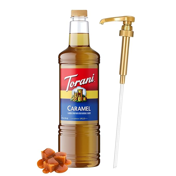 Torani Caramel Syrup 1 Liter Bottle with Pump – Premium Coffee Flavoring Made with Pure Cane Sugar &amp Natural Flavors for Lattes Frappes Desserts Cocktails &amp More – Café-Quality Sweetener