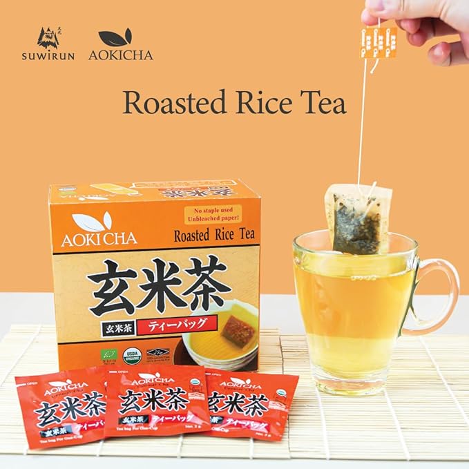 Suwirun Aoki Cha Organic Genmaicha 50 Bags – Roasted Rice &amp Green Tea Blend – Nutty Toasty Aroma Low Caffeine – Eco-Friendly Unbleached Tea Bags for Hot &amp Cold Brew