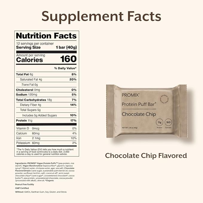 ProMix Nutrition Protein Plant Based Puff Bars - Chocolate - Marshmallow Crispy Treat - High Protein &amp Low Calorie - 12 Bars