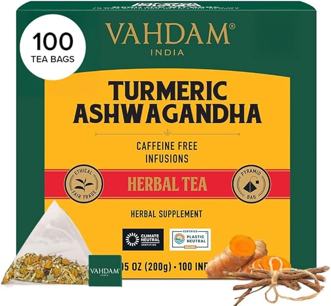 VAHDAM Turmeric Ashwagandha Herbal Tea Bags (100 Count) Caffeine Free Non GMO Gluten Free | 100% Pure Herbal Blend - Sweet &amp Earthy | Whole Leaf Tea Bags | Resealable Ziplock Pouch