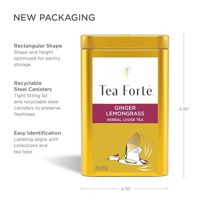 Tea Forte Ginger Lemongrass Premium Loose Leaf Caffeine-Free Herbal Tea Blend Canister Makes 35-50 Cups
