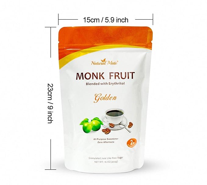Monk Fruit Zero Calorie Sweetener (2x Sugar Sweet Golden) 16 oz - Granular Powder Blended with Erythritol - Sweet Natural Alternative to Xylitol and Stevia - Sugar Replacement for Keto Paleo Low G