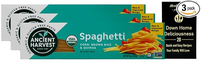 Ancient Harvest Organic Gluten-Free Corn Brown Rice Quinoa Blend Pasta | Spaghetti (8 Ounces) | 3 Count Plus Recipe Booklet Bundle