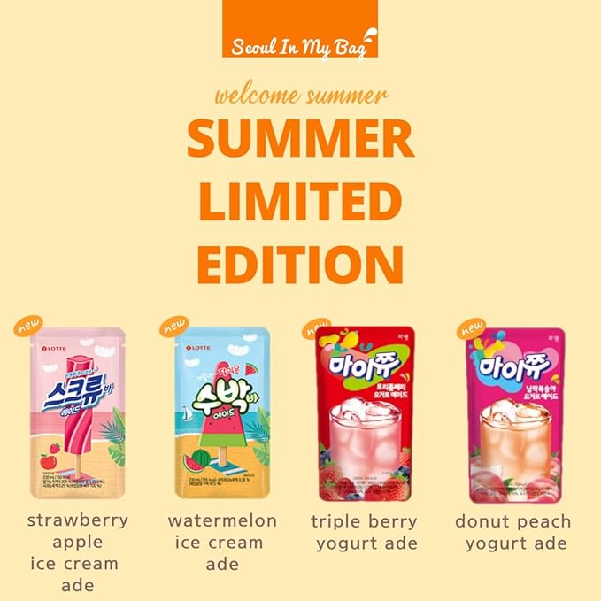 Korean Covenienve Store Drink Pouch Sampler Set - 5 PACK 10 PACK (grape strawberry blue lemonade peach ice tea shine muscat) + dalgaru yakgwa mirror (2024 SUMMER ADE 4 PACK)
