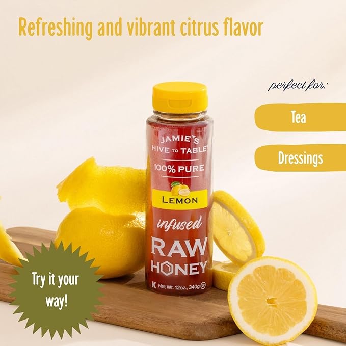 Jamie's Hive to Table Infused Honey Gift Set – Hot Lemon and Cinnamon Flavors 36 Oz Pack of 3 Squeeze Bottles – 100% Natural Raw Honey