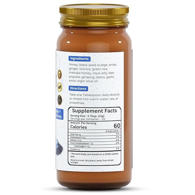 Herb To Body Black Seed Honey 16oz - Premium Superfood Blend with Organic Manuka Honey Royal Jelly Ginseng Bee Propolis &amp Licorice Gluten Free Non GMO Immune Booster