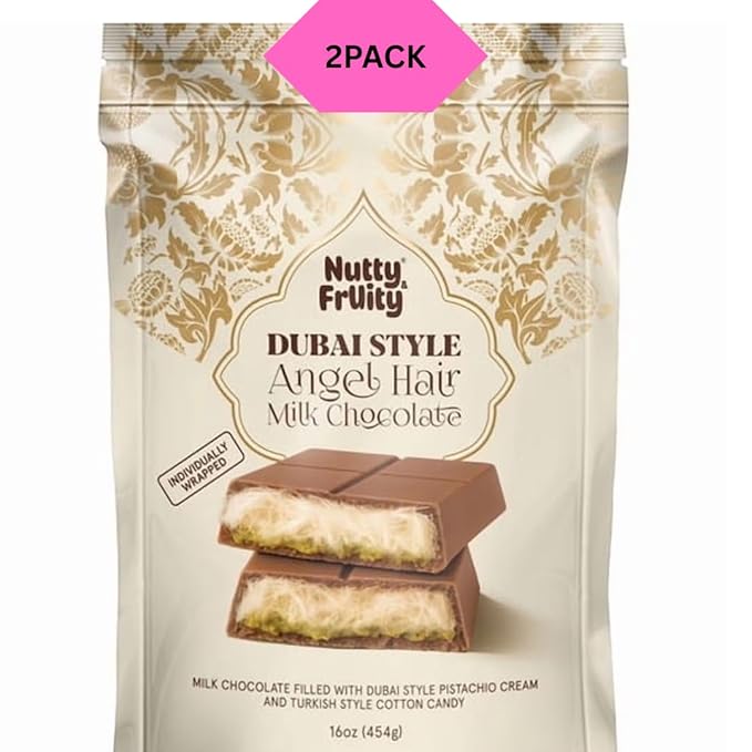 Nutty Fruity Dubai Angel Hair Milk Chocolate Premium Middle Eastern Style Chocolate Candy Creamy Milk Chocolate with Delicate Shredded Filling 16 oz (Pack of 2)