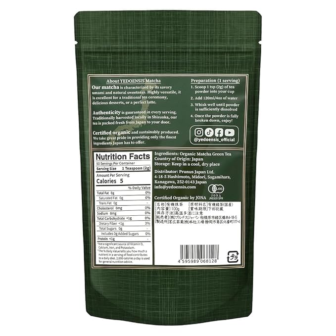 YEDOENSIS Premium Matcha - Organic Japanese Green Tea Matcha Powder JAS Certified Organic Vegan Gluten-Free (100g)