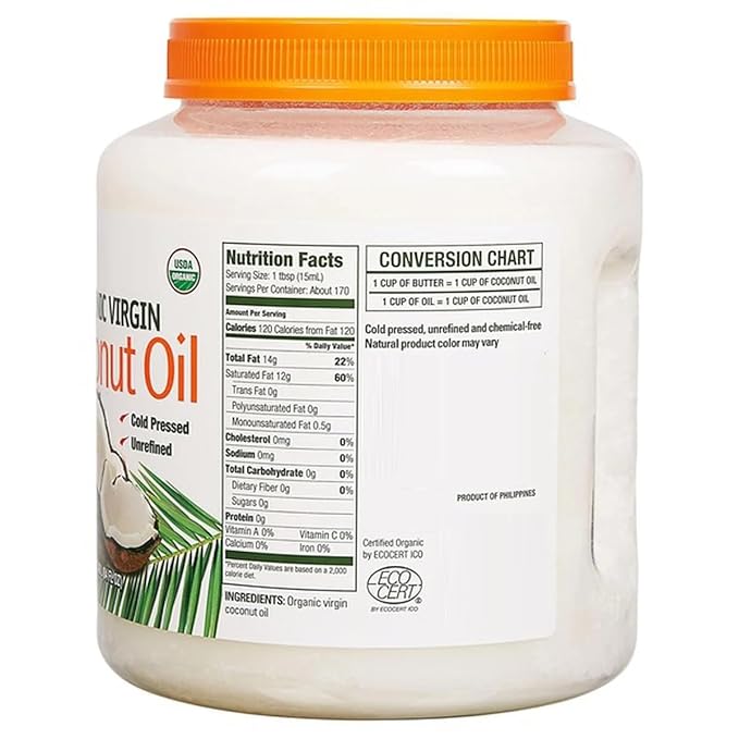 USDA Organic Extra Virgin Coconut Oil 84 fl oz - Cold Pressed Unrefined &amp Chemical Free - Best for Cooking Baking Skin Moisturizer &amp Hair Care - Non-GMO &amp Keto Friendly