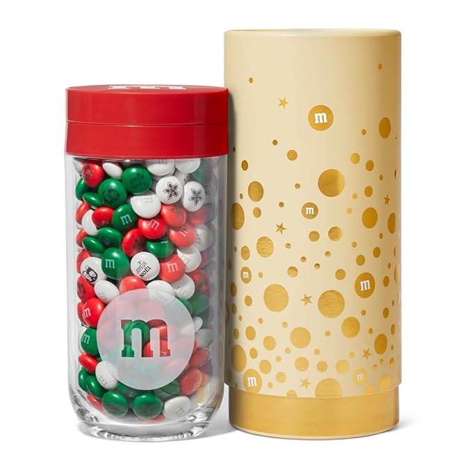 M&ampM'S WORLD Holiday Gift Jar in Holiday Lights Tube Unique Holiday Gift filled with Pre-Designed M&ampM’S Holiday Candies