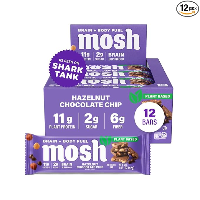 MOSH Hazelnut Chocolate Chip Vegan Protein Bars Plant Based Keto Gluten Free Brain Healthy Snack with Cognizin Ashwagandha and Lion's Mane 12 Count