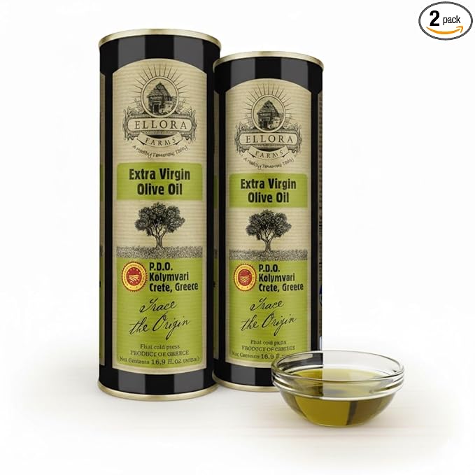 Ellora Farms Single Estate Extra Virgin Olive Oil PDO Crete Greece Traceable Olive oil Kosher 17 oz. Tin Pack of 2