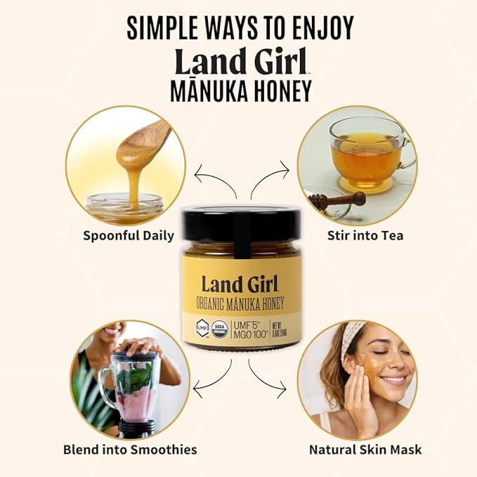 Land Girl Organics New Zealand Raw Premium Manuka Honey | Monofloral USDA Certified Organic Superfood UMF 5+ MGO 100+ Hive to Hand 8.8 oz Glass Jar