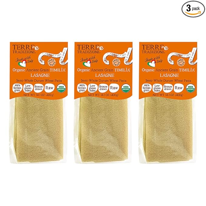 TERRE E TRADIZIONI Organic Italian LASAGNA Pasta Semi- Whole Durum Wheat Semolina Pasta - Italian TIMILIA Organic Ancient Grain LASAGNA Pasta - Vegan Pasta Imported from Italy (3 Packs)