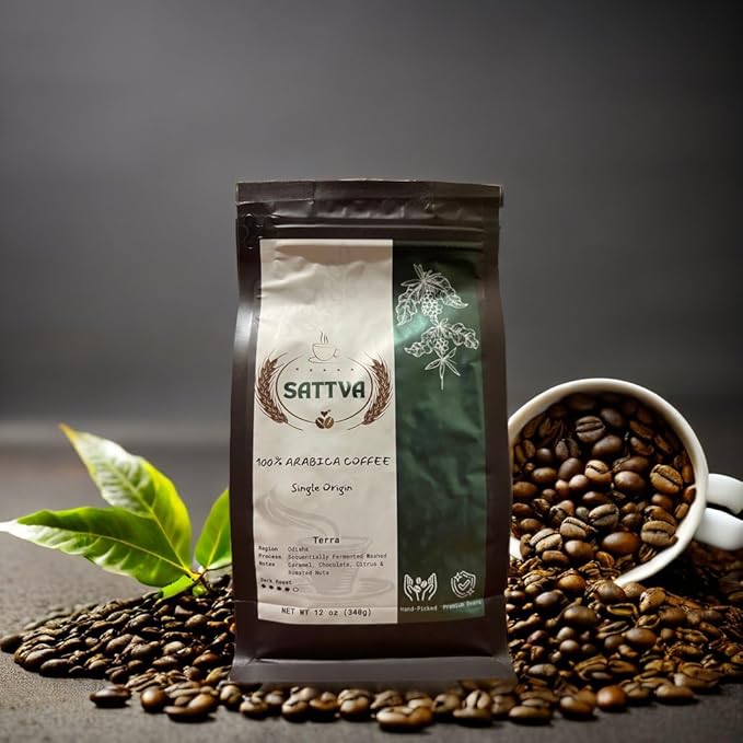 Sattva Coffee Terra Low Acid Dark Roast Whole Bean Coffee 100% Arabica Beans with Caramel &amp Chocolate Notes Smooth Bold Flavor 12oz Fresh Roasted