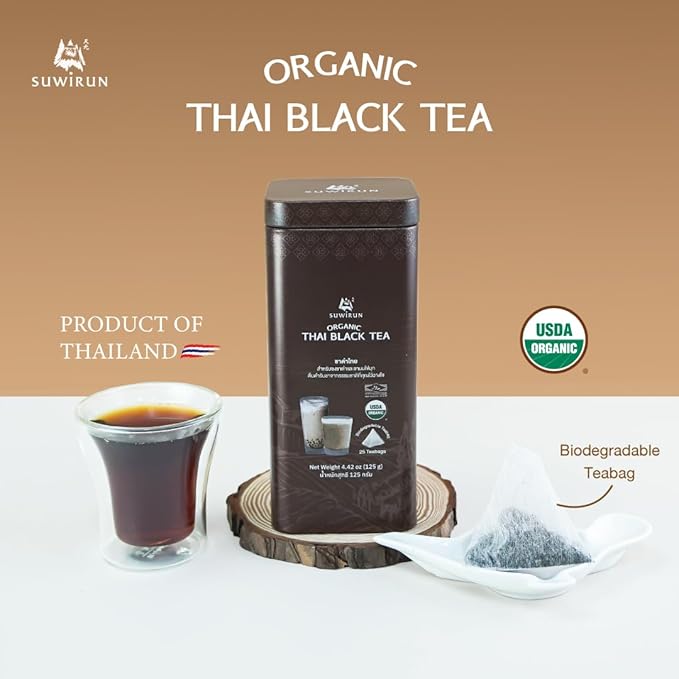 Suwirun Organic Assam Thai Black Tea 25 Bags – Bold Smooth &amp Aromatic – Premium Quality No Additives – Perfect for Hot Iced &amp Thai Milk Tea