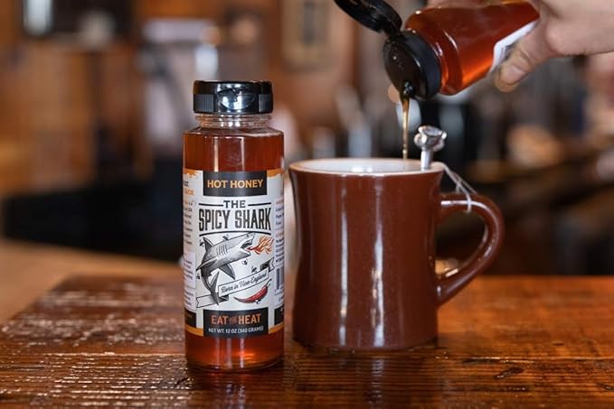The Spicy Shark Hot Honey 12 oz Bottle (2 Pack) 100% pure Spicy Hot Honey Made in the USA Gluten-Free &amp Paleo